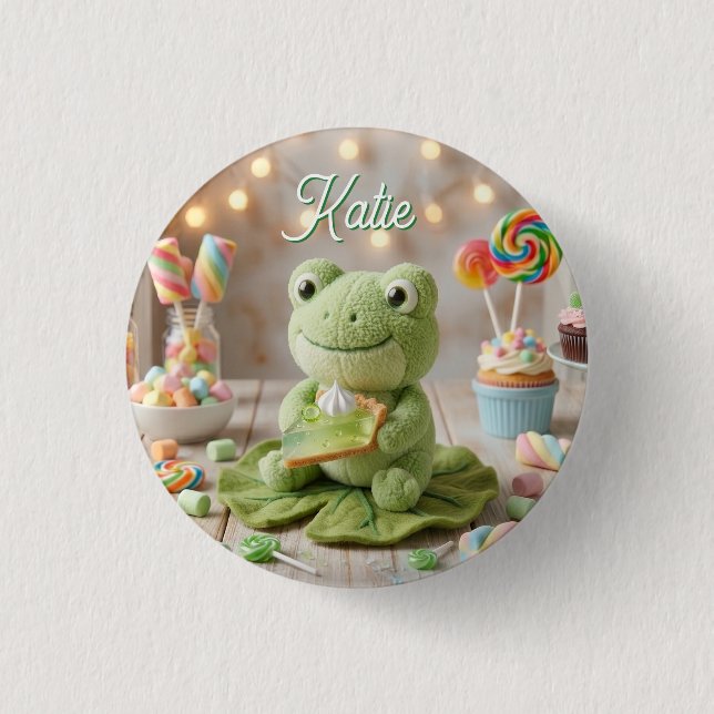 Cute Plush Frog holding Key Lime Pie Personalised  3 Cm Round Badge (Front)