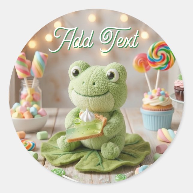 Cute Plush Frog holding Key Lime Pie Personalised  Classic Round Sticker (Front)