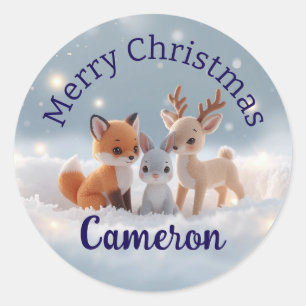 Cute Plush Winter Woodland Animals Custom Name Classic Round Sticker
