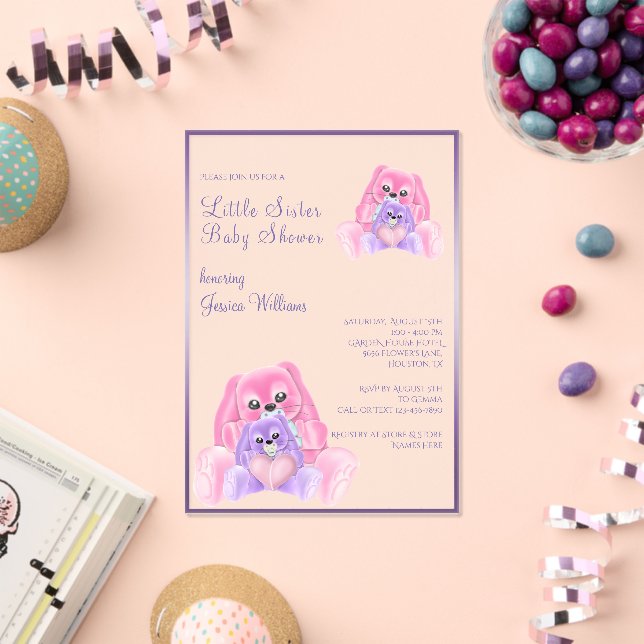 Cute Plushies Little Sister Baby Shower Acrylic Invitations (Insitu (Celebration))