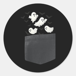 Cute Pocket Ghosts with Flying Bats Halloween Classic Round Sticker
