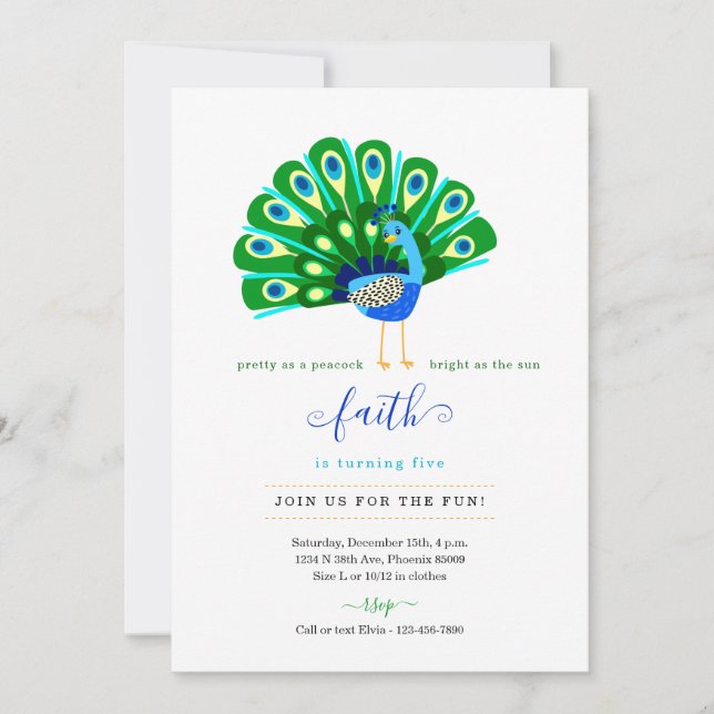 Cute Poem for Peacock Girls Birthday Party Invite (Front)