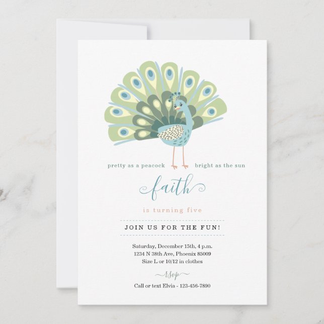 Cute Poem for Peacock Girls Birthday Party Invite (Front)