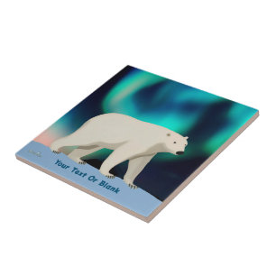Cute Polar Bear and Northern Lights Ceramic Tile