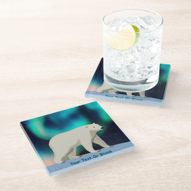 Cute Polar Bear and Northern Lights Glass Coaster (Angled)