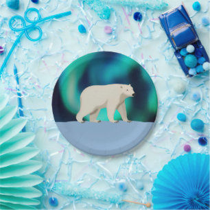 Cute Polar Bear and Northern Lights Paper Plate