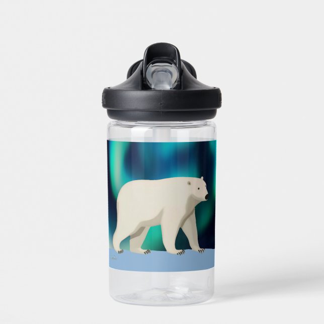 Cute Polar Bear and Northern Lights Water Bottle (Front)