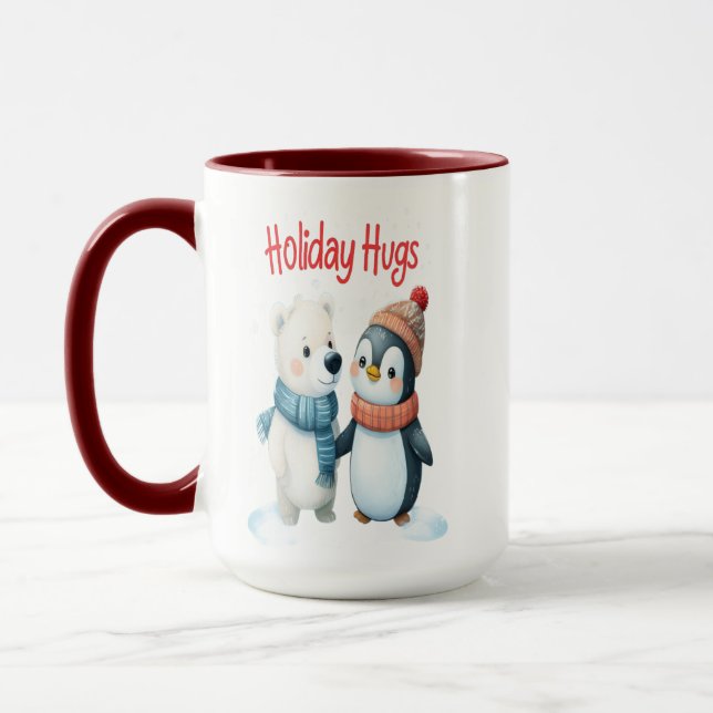 Cute Polar Bear and Penguin Friends Christmas Mug (Left)