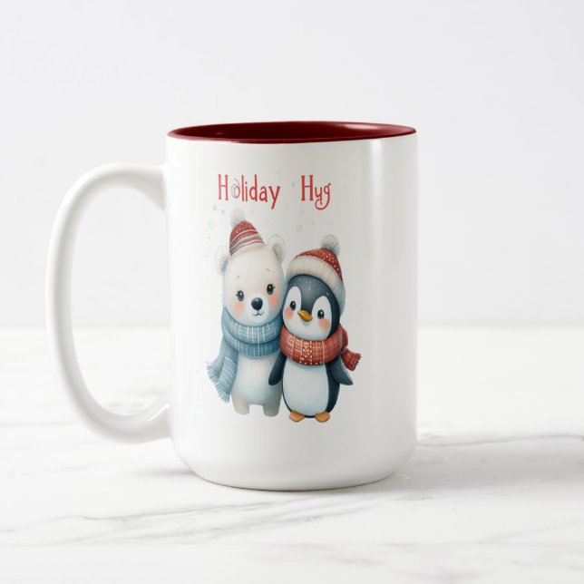 Cute Polar Bear and Penguin Friends Christmas Mug (Left)