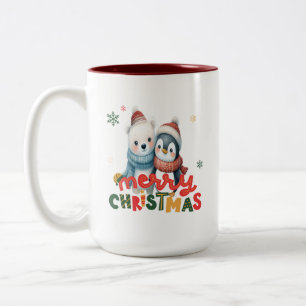 Cute Polar Bear and Penguin Friends Christmas Two-Tone Coffee Mug