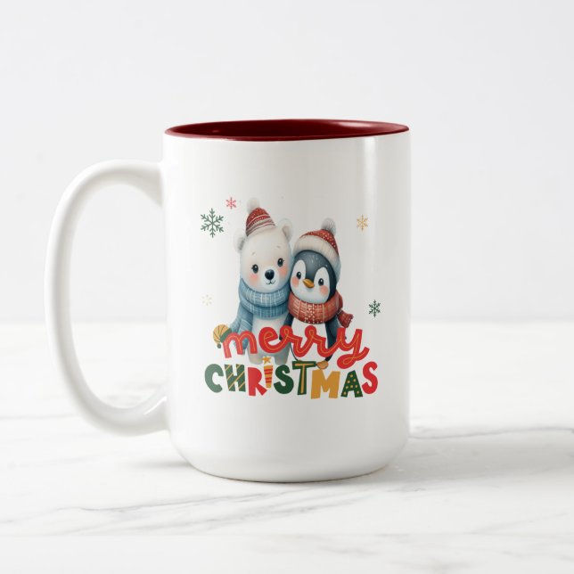Cute Polar Bear and Penguin Friends Christmas Two-Tone Coffee Mug (Left)