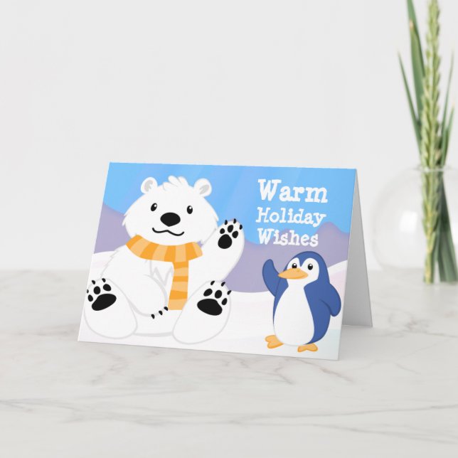 Cute Polar Bear and Penguin Holiday Card (Front)