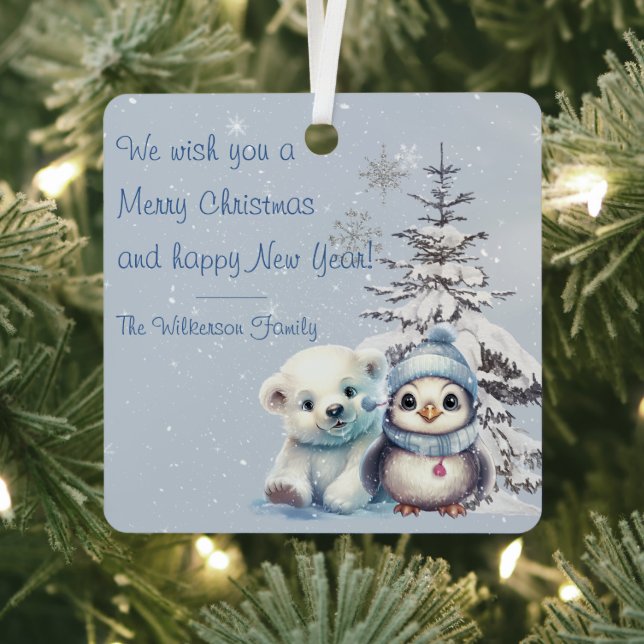 Cute Polar Bear and Penguin North Pole Christmas Metal Tree Decoration (Insitu)