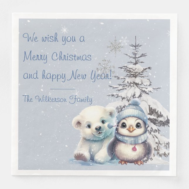 Cute Polar Bear and Penguin North Pole Christmas Napkin (Front)