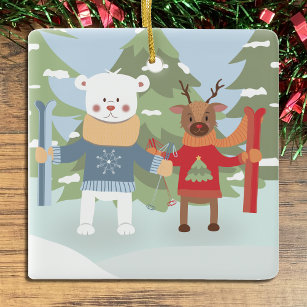 Cute Polar Bear and Reindeer with skis Ornament