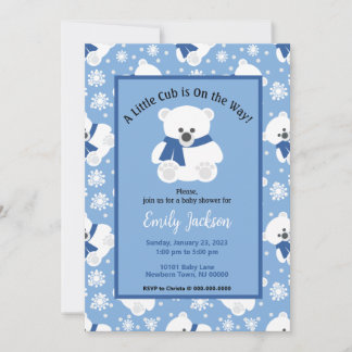 Cute Polar Bear and Snowflakes Baby Shower Invitation