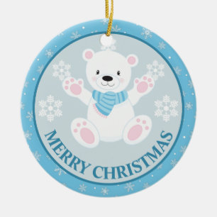 Cute Polar Bear and Snowflakes Blue Christmas Ceramic Ornament