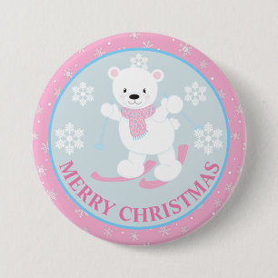 Cute Polar Bear and Snowflakes Pink Christmas 7.5 Cm Round Badge