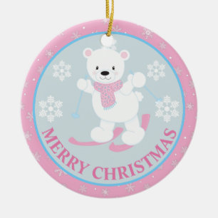 Cute Polar Bear and Snowflakes Pink Christmas Ceramic Ornament