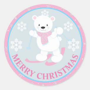 Cute Polar Bear and Snowflakes Pink Christmas Classic Round Sticker