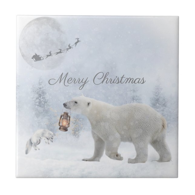 Cute Polar Bear Arctic Fox Santa Winter Christmas Ceramic Tile (Front)