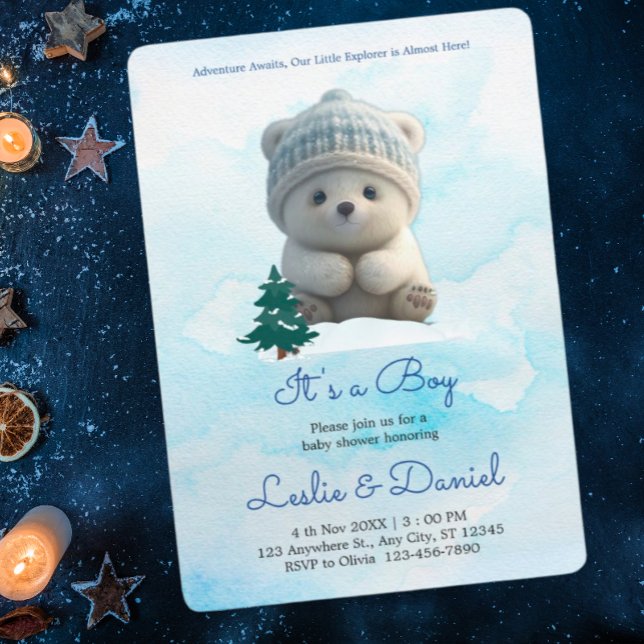 Cute Polar Bear Blue Baby Shower Its Boy Invitation (Creator Uploaded)