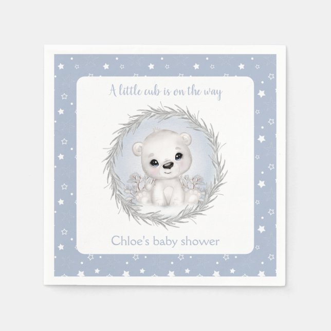 Cute Polar Bear Blue Winter Boy Baby Shower Napkin (Front)