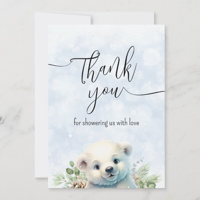Cute Polar Bear Blue Winter Snow Thank You Card (Front)