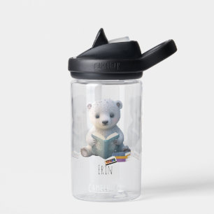 Cute Polar Bear Book Kids School Personalised Name Water Bottle