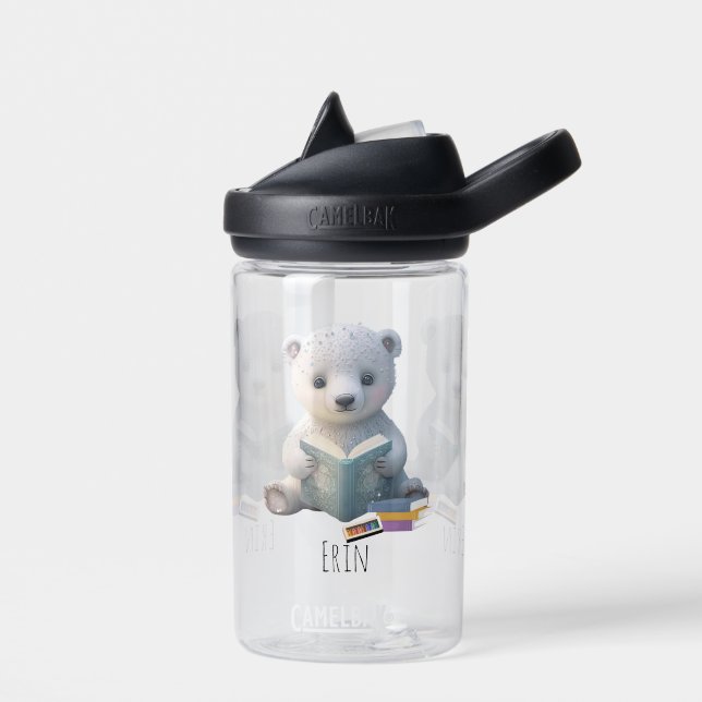 Cute Polar Bear Book Kids School Personalised Name Water Bottle (Left)