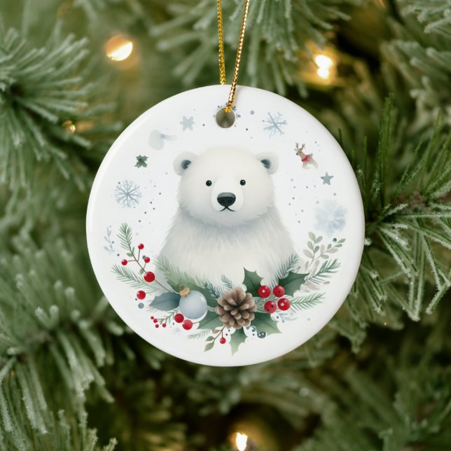 Cute Polar Bear Boy Baby First Christmas Ceramic Ornament (Tree)