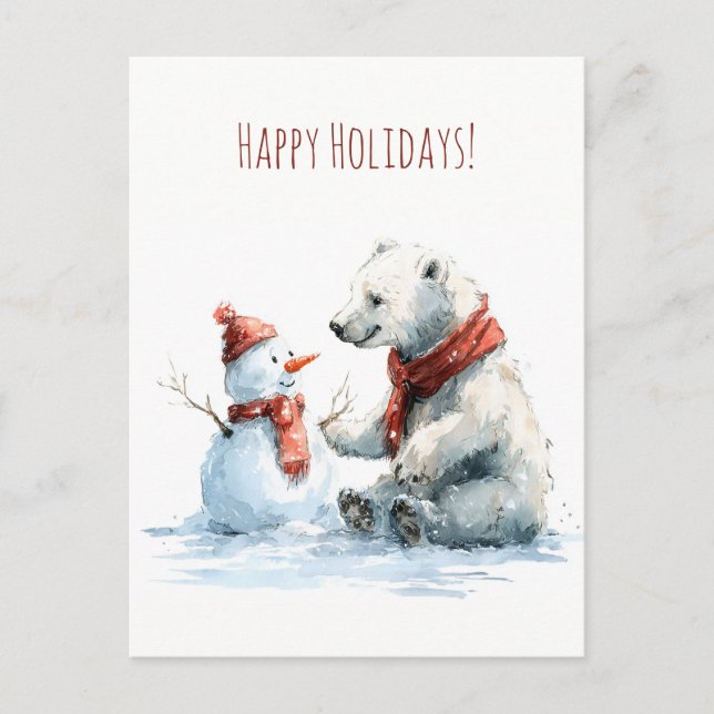Cute polar bear build a snowman, Christmas  Postcard (Front)
