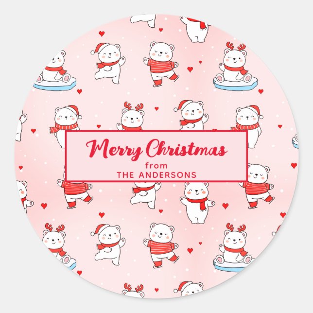 Cute Polar Bear Christmas Seamless Pattern Pink Classic Round Sticker (Front)