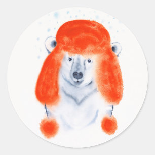 Cute Polar Bear Cub in Red Winter Hat Christmas Classic Round Sticker