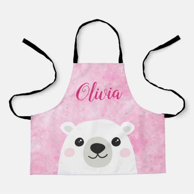 Cute polar bear custom name pink apron (Front)