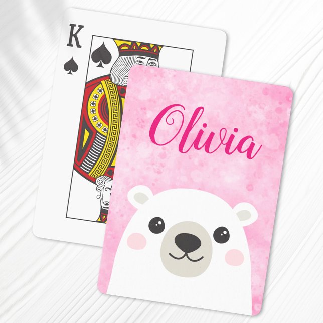 Cute polar bear custom name pink playing cards (Creator Uploaded)
