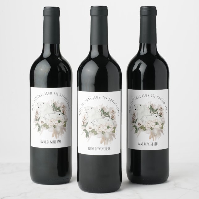 Cute Polar Bear Family Merry Christmas Wine Label (Bottles)