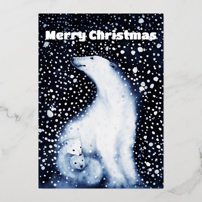 Cute Polar Bear Family Snowy Winter Christmas Foil Holiday Card (Front)