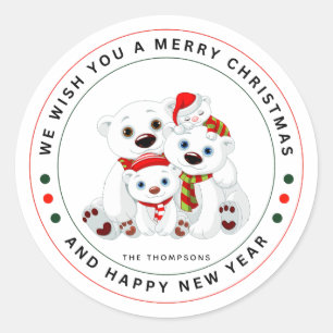 Cute Polar Bear Family Wishes Merry Christmas Classic Round Sticker