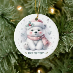 Cute Polar Bear First Christmas Keepsake Photo Ceramic Ornament
