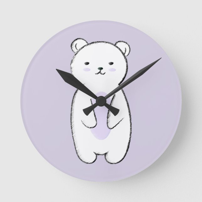 Cute Polar Bear Illustration Round Clock (Front)