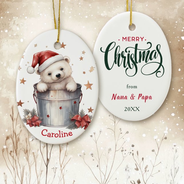 Cute Polar Bear in Bucket Kids Christmas Ceramic Ornament (Creator Uploaded)