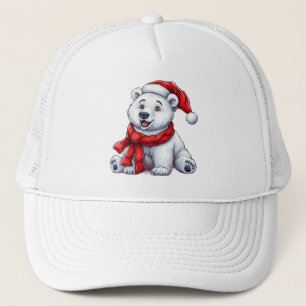 Cute Polar Bear in Santa Hat and Scarf