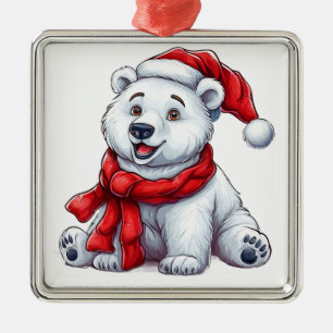 Cute Polar Bear in Santa Hat and Scarf Metal Ornament