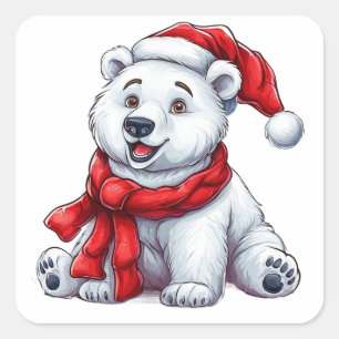 Cute Polar Bear in Santa Hat and Scarf  Square Sticker