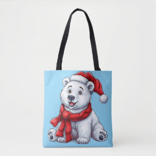 Cute Polar Bear in Santa Hat and Scarf Tote Bag