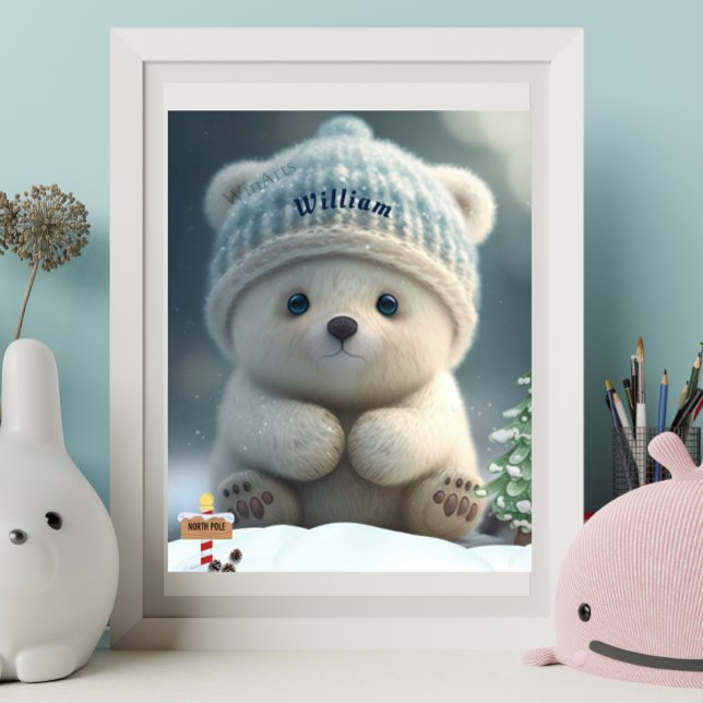 Cute Polar Bear in Snow Blue Hat Personalised Art Poster (Creator Uploaded)