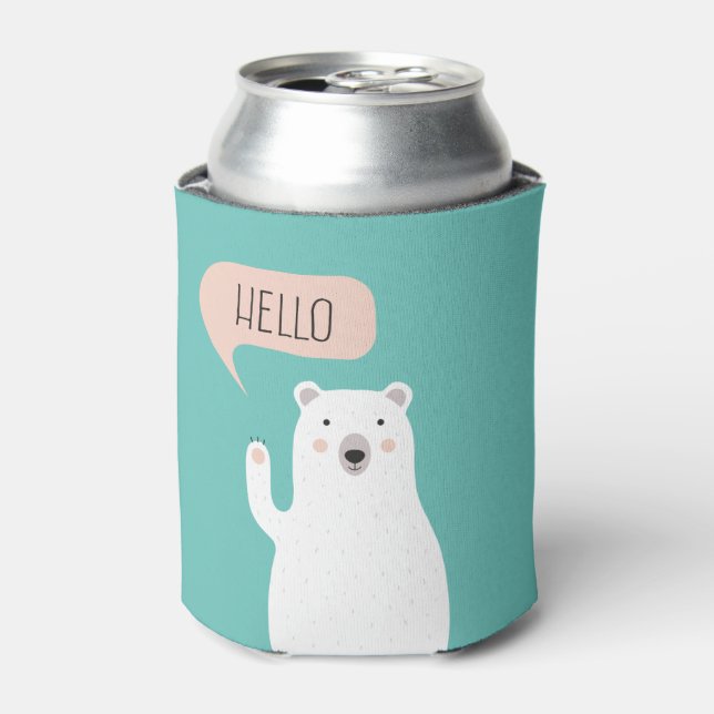 Cute Polar Bear in the Snow says Hello Can Cooler (Can Front)