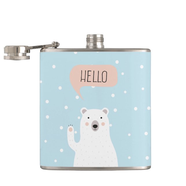 Cute Polar Bear in the Snow says Hello Hip Flask (Opened)
