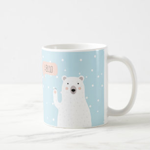 Cute Polar Bear in the Snow says Hello + NAME  Coffee Mug